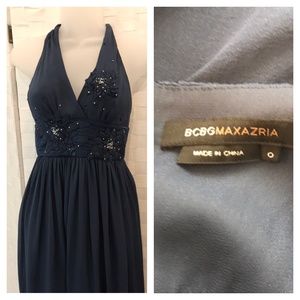 BCBGMaxAzria  blue silk halter dress beaded Sz 0